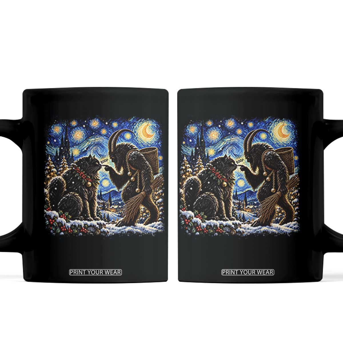 Krampus Boop Yule Cat Starry Night Coffee Mug Retro Funny Gothic Christmas Folklore Oil Painting
