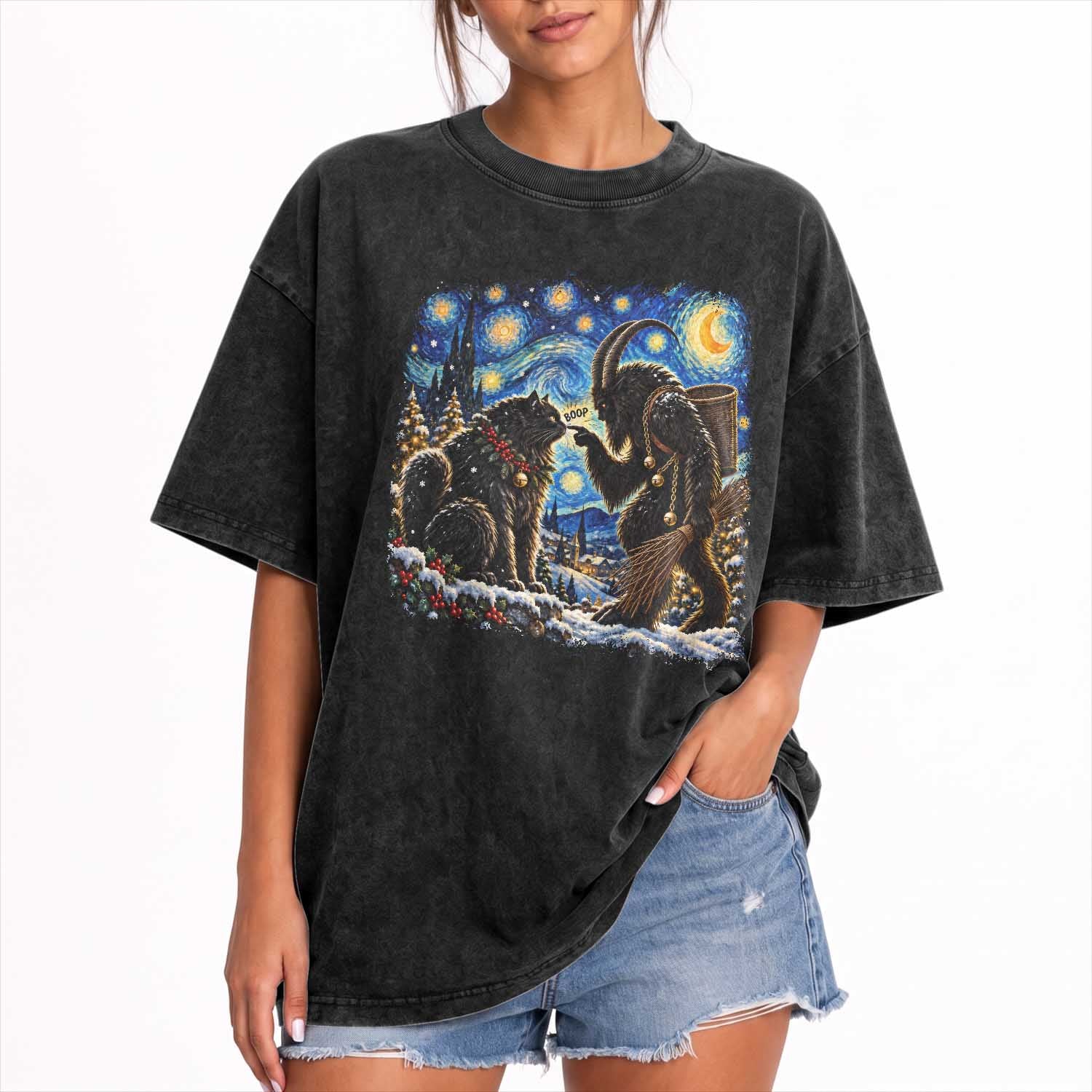 Krampus Boop Yule Cat Starry Night Washed Cotton T-Shirt Retro Funny Gothic Christmas Folklore Oil Painting