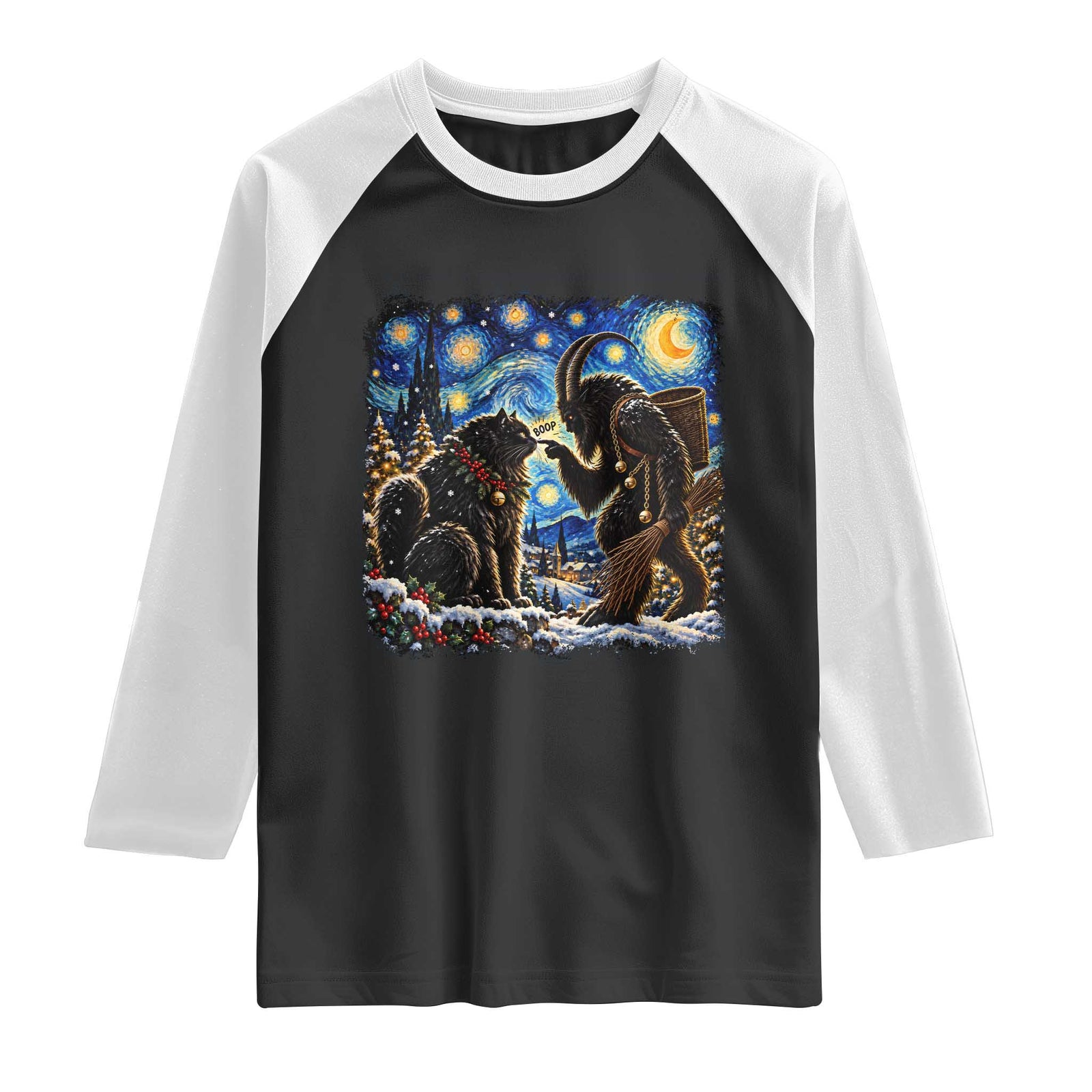Krampus Boop Yule Cat Starry Night Raglan Shirt Retro Funny Gothic Christmas Folklore Oil Painting