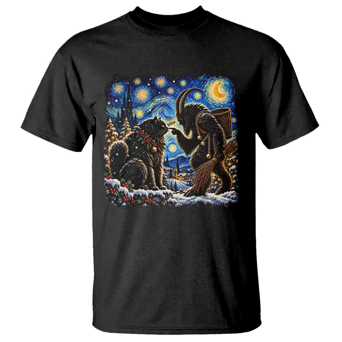 Krampus Boop Yule Cat Starry Night T Shirt Retro Funny Gothic Christmas Folklore Oil Painting