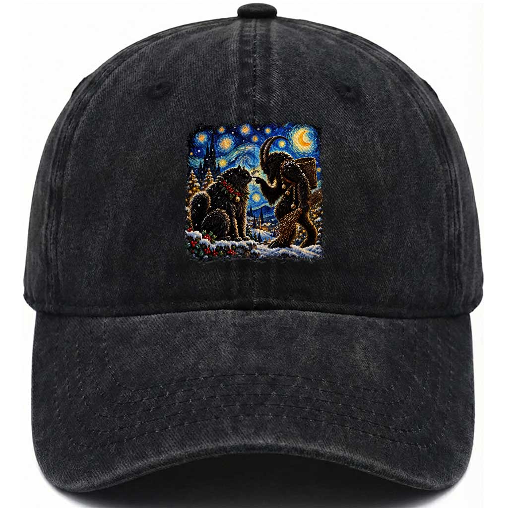 Krampus Boop Yule Cat Starry Night Washed Cotton Baseball Cap Retro Funny Gothic Christmas Folklore Oil Painting