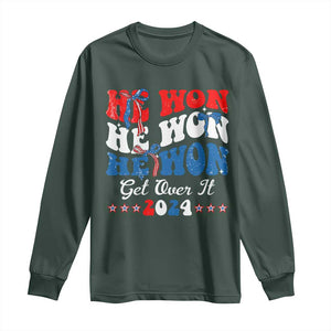 Trump 2024 Long Sleeve Shirt He Won Coquette Bow USA Flag TS10 Dark Forest Green Print Your Wear