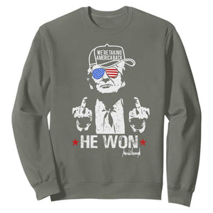 Trump 2024 Sweatshirt We're Taking America Back You Missed Bitch TS10 Military Green Print Your Wear