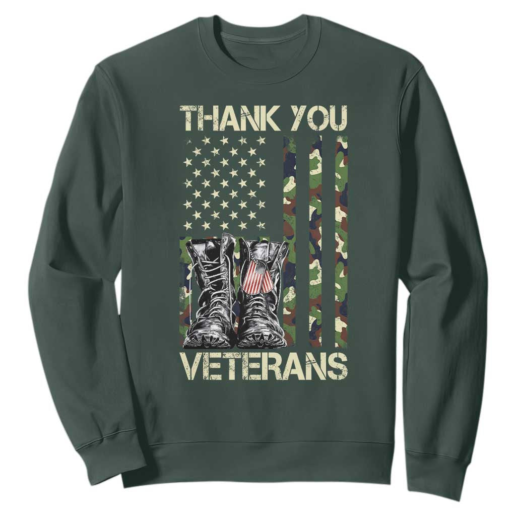 Thank You Veterans Sweatshirt Camo American Flag Military Supportive Veterans Day TS10 Dark Forest Green Print Your Wear