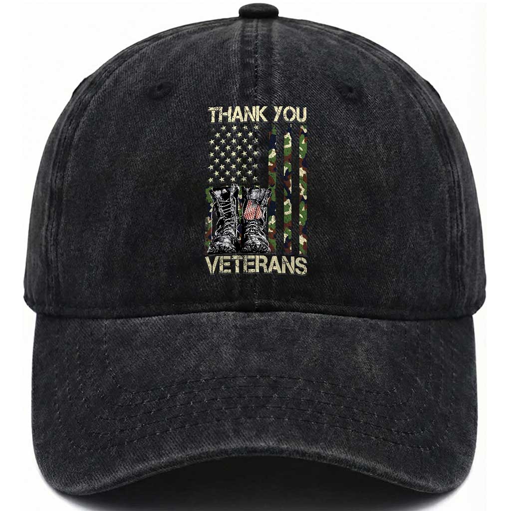 Thank You Veterans Washed Cotton Baseball Cap Camo American Flag Military Supportive Veterans Day TS10 Washed Cap Universal Fit Black Print Your Wear