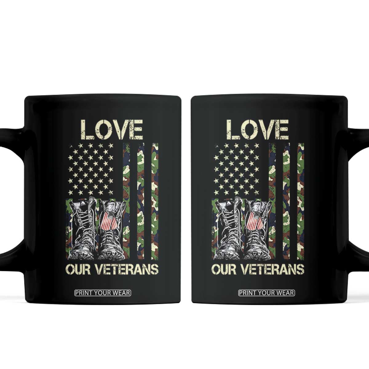 Love Our Veterans Coffee Mug Camo American Flag Military Supportive Veterans Day TS10 Black Print Your Wear