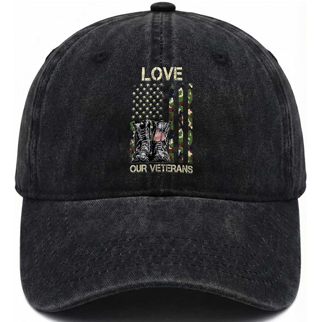 Love Our Veterans Washed Cotton Baseball Cap Camo American Flag Military Supportive Veterans Day TS10 Washed Cap Universal Fit Black Print Your Wear