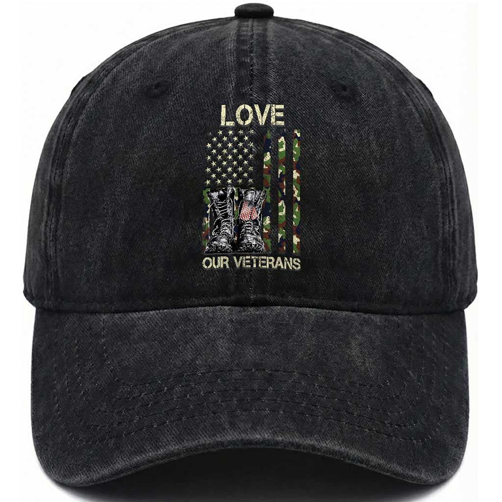 Love Our Veterans Washed Cotton Baseball Cap Camo American Flag Military Supportive Veterans Day TS10 Washed Cap Universal Fit Black Print Your Wear