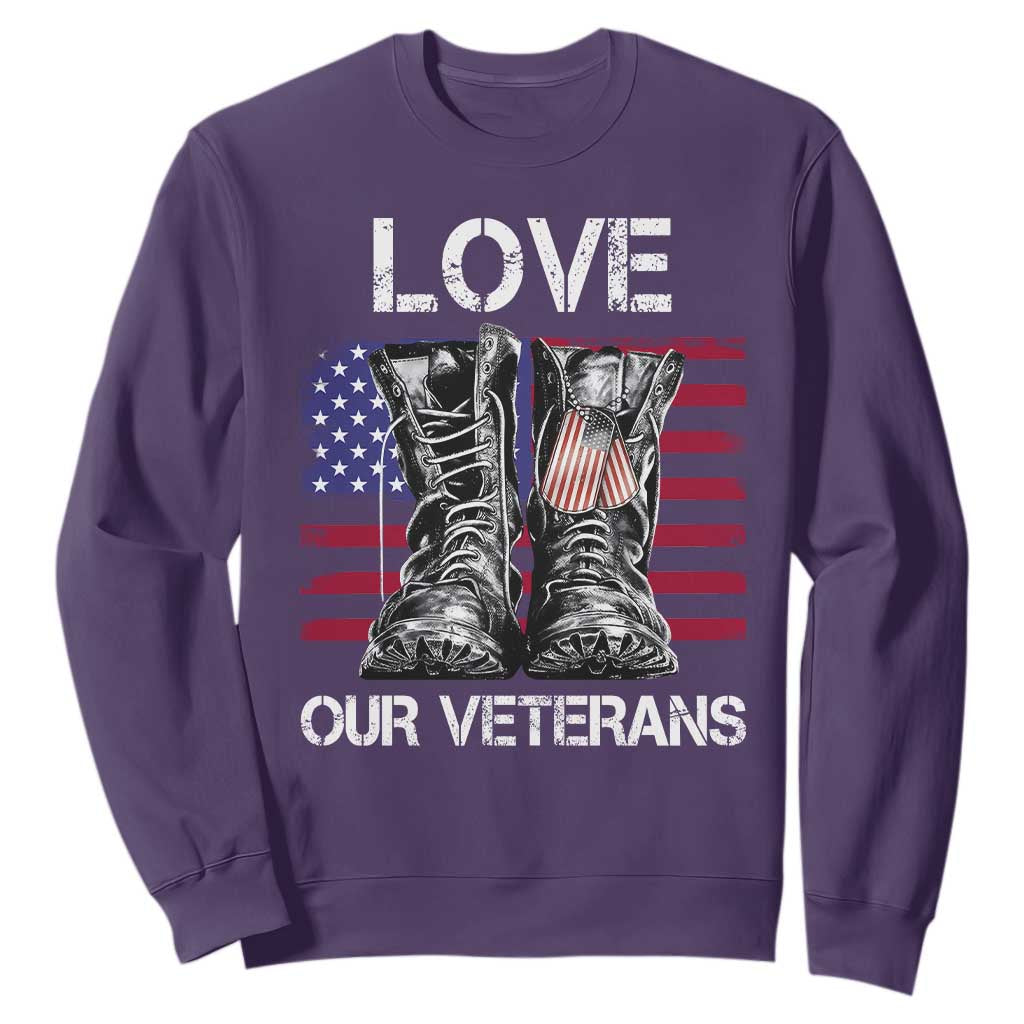 Love Our Veterans Sweatshirt American Flag Military Supportive Veterans Day TS10 Purple Print Your Wear