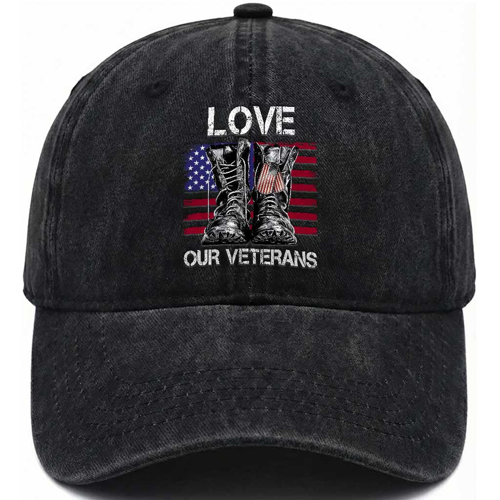 Love Our Veterans Washed Cotton Baseball Cap American Flag Military Supportive Veterans Day TS10 Washed Cap Universal Fit Black Print Your Wear
