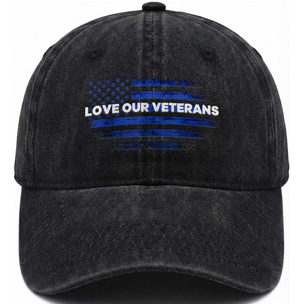 Love Our Veterans Washed Cotton Baseball Cap Veterans Day Grunge American Flag TS10 Washed Cap Universal Fit Black Print Your Wear