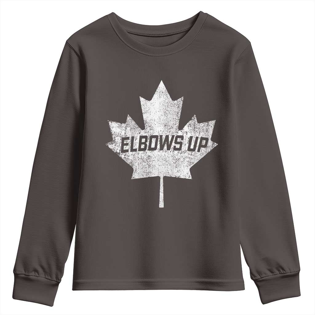 Elbows Up Canada Youth Sweatshirt True North Strong and Free Maple Leaf Proud Canadian TS10 Dark Chocolate Print Your Wear