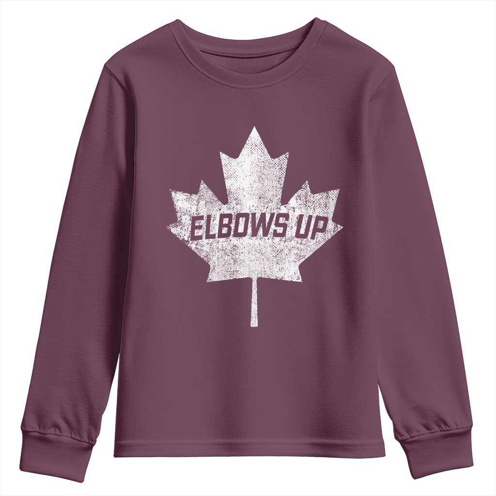 Elbows Up Canada Youth Sweatshirt True North Strong and Free Maple Leaf Proud Canadian TS10 Maroon Print Your Wear