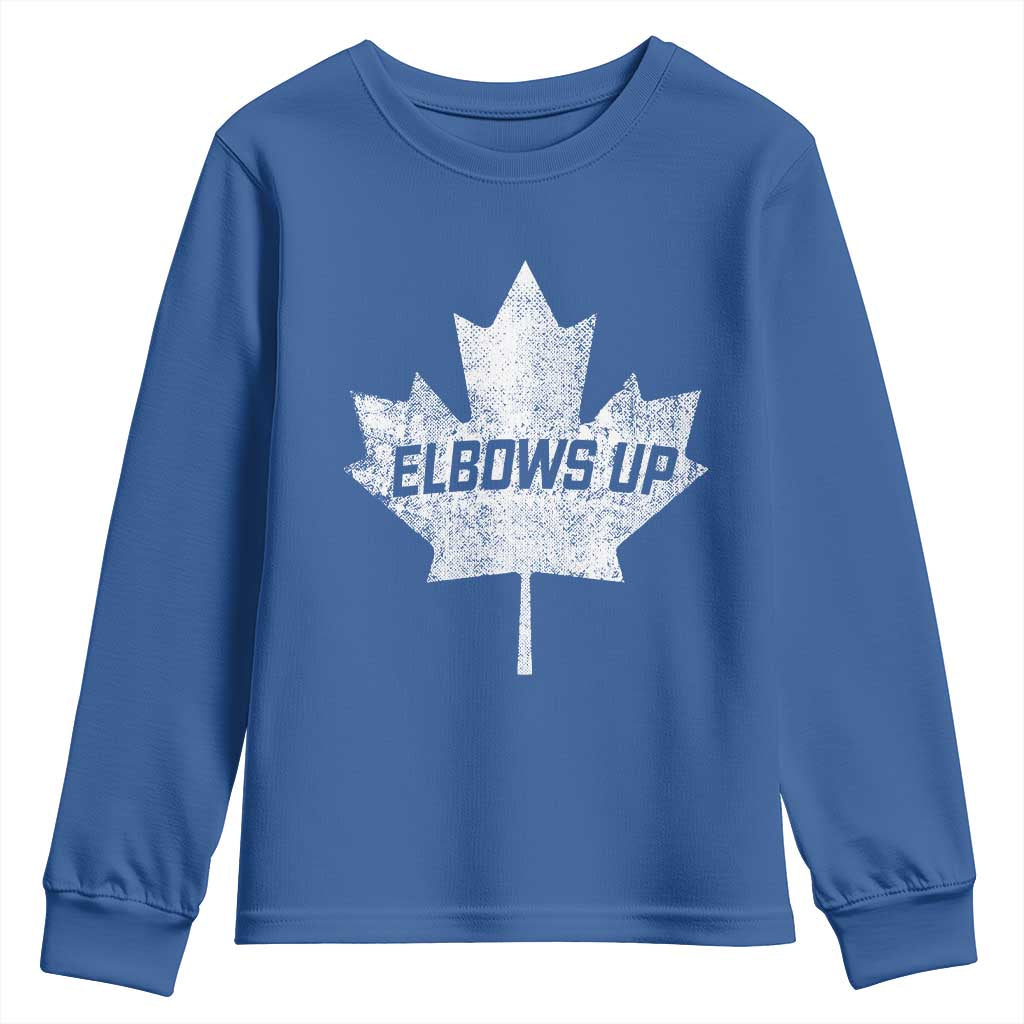 Elbows Up Canada Youth Sweatshirt True North Strong and Free Maple Leaf Proud Canadian TS10 Royal Blue Print Your Wear