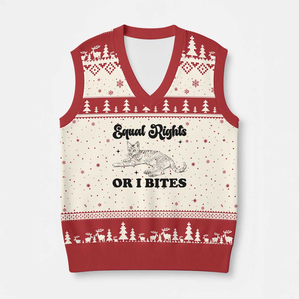 Feminist Cat V-Neck Knit Sweater Vest Equal Rights or I Bites Human Rights TS10 Beige Red Print Your Wear