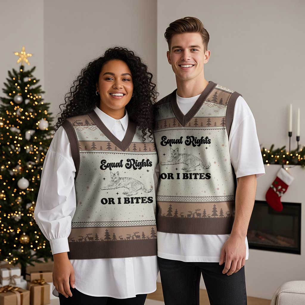 Feminist Cat V-Neck Knit Sweater Vest Equal Rights or I Bites Human Rights TS10 Mocha Mousse Print Your Wear
