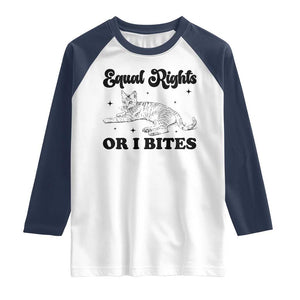 Feminist Cat Raglan Shirt Equal Rights or I Bites Human Rights TS10 White Navy Print Your Wear