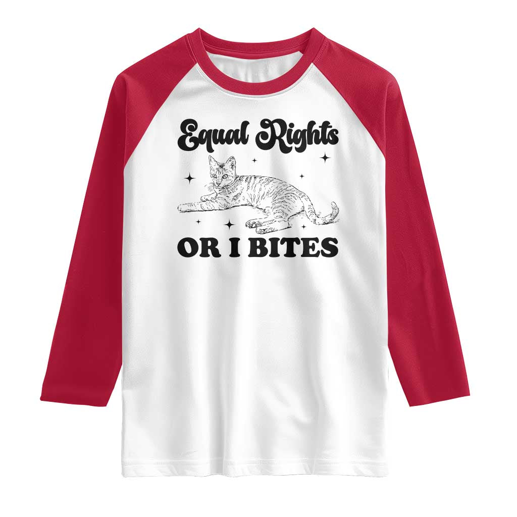 Feminist Cat Raglan Shirt Equal Rights or I Bites Human Rights TS10 White Red Print Your Wear