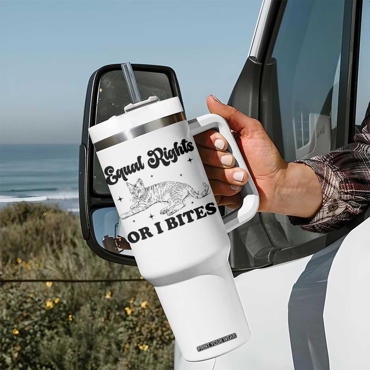 Feminist Cat Tumbler With Handle Equal Rights or I Bites Human Rights TS10 Print Your Wear