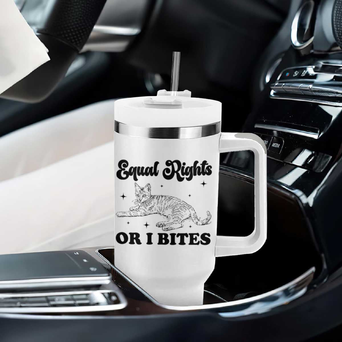 Feminist Cat Tumbler With Handle Equal Rights or I Bites Human Rights TS10 Print Your Wear