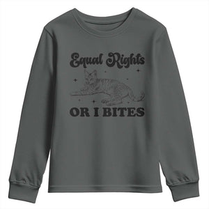 Feminist Cat Youth Sweatshirt Equal Rights or I Bites Human Rights TS10 Dark Heather Print Your Wear