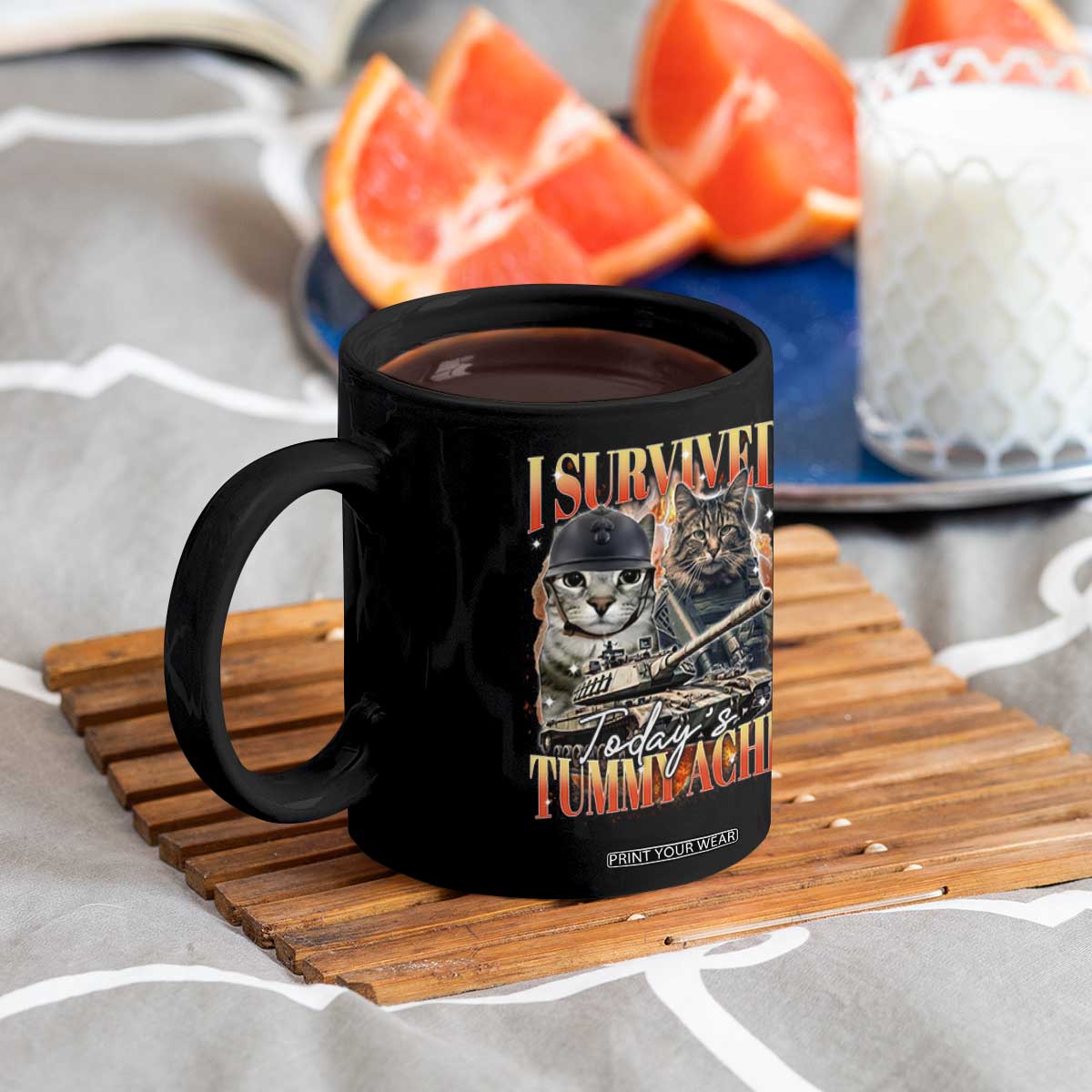 Tummy Ache Survivor Cat Meme Coffee Mug Funny Saying Cats Bootleg TS10 Print Your Wear