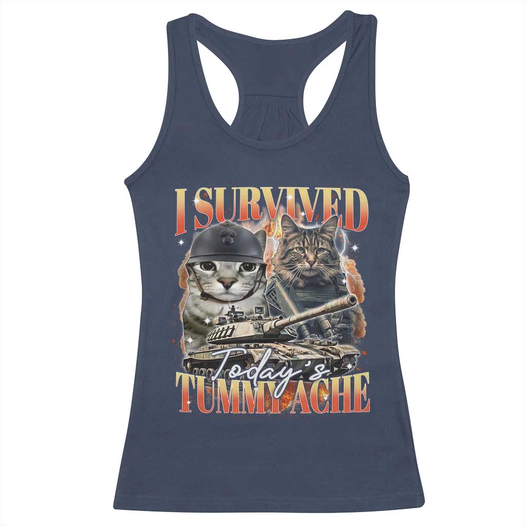 Tummy Ache Survivor Cat Meme Racerback Tank Top Funny Saying Cats Bootleg TS10 Navy Print Your Wear