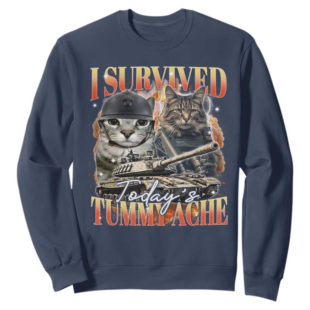 Tummy Ache Survivor Cat Meme Sweatshirt Funny Saying Cats Bootleg TS10 Navy Print Your Wear