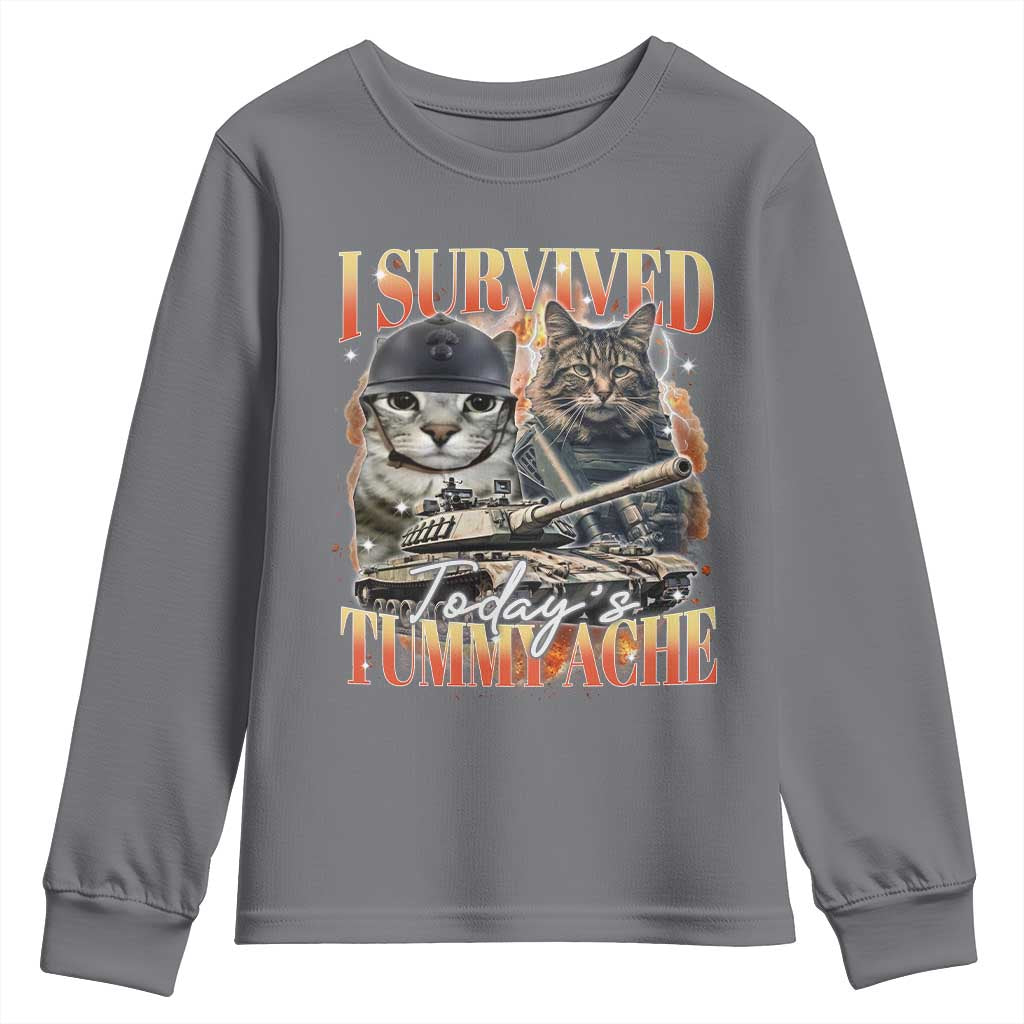 Tummy Ache Survivor Cat Meme Youth Sweatshirt Funny Saying Cats Bootleg TS10 Charcoal Print Your Wear
