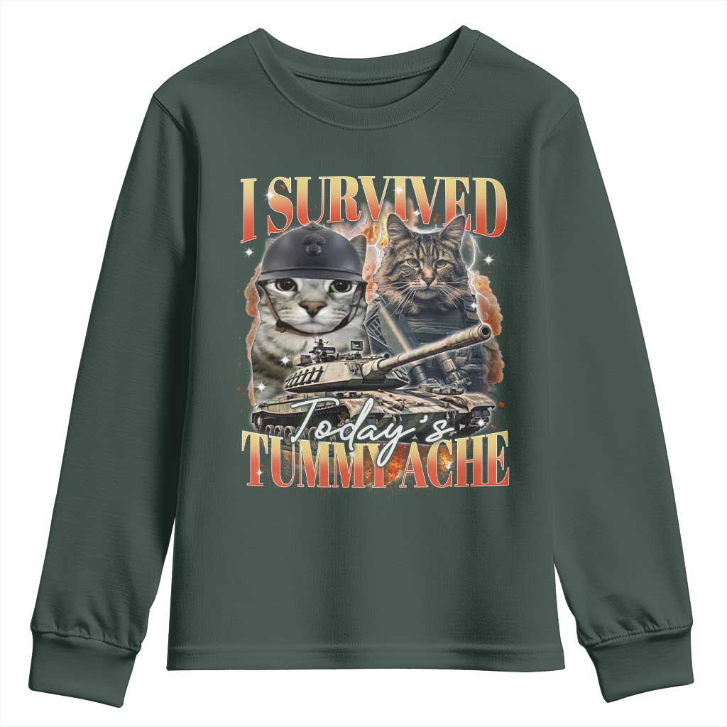 Tummy Ache Survivor Cat Meme Youth Sweatshirt Funny Saying Cats Bootleg TS10 Dark Forest Green Print Your Wear