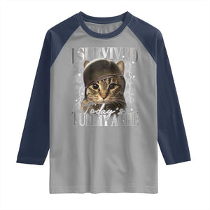 Tummy Ache Survivor Cat Meme Raglan Shirt Funny Saying Cats Cat Bootleg TS10 Sport Gray Navy Print Your Wear