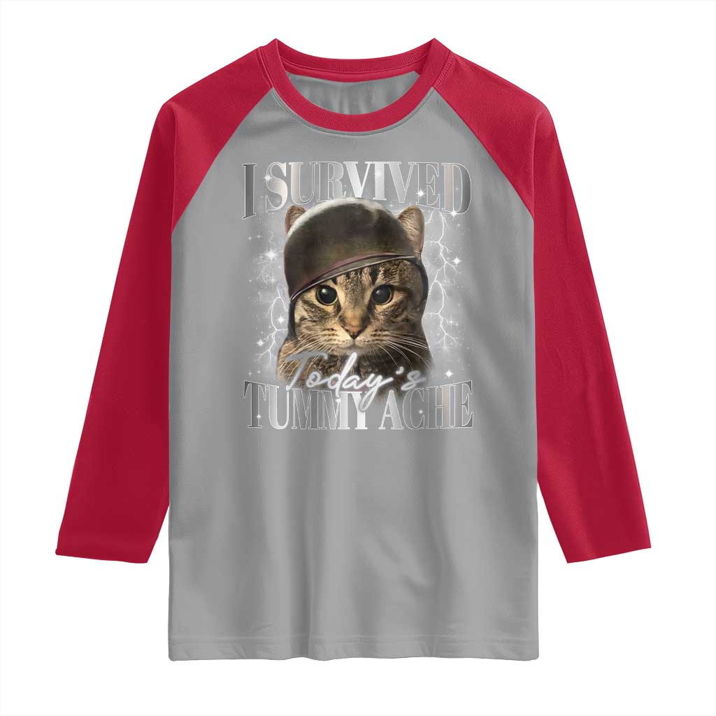Tummy Ache Survivor Cat Meme Raglan Shirt Funny Saying Cats Cat Bootleg TS10 Sport Gray Red Print Your Wear