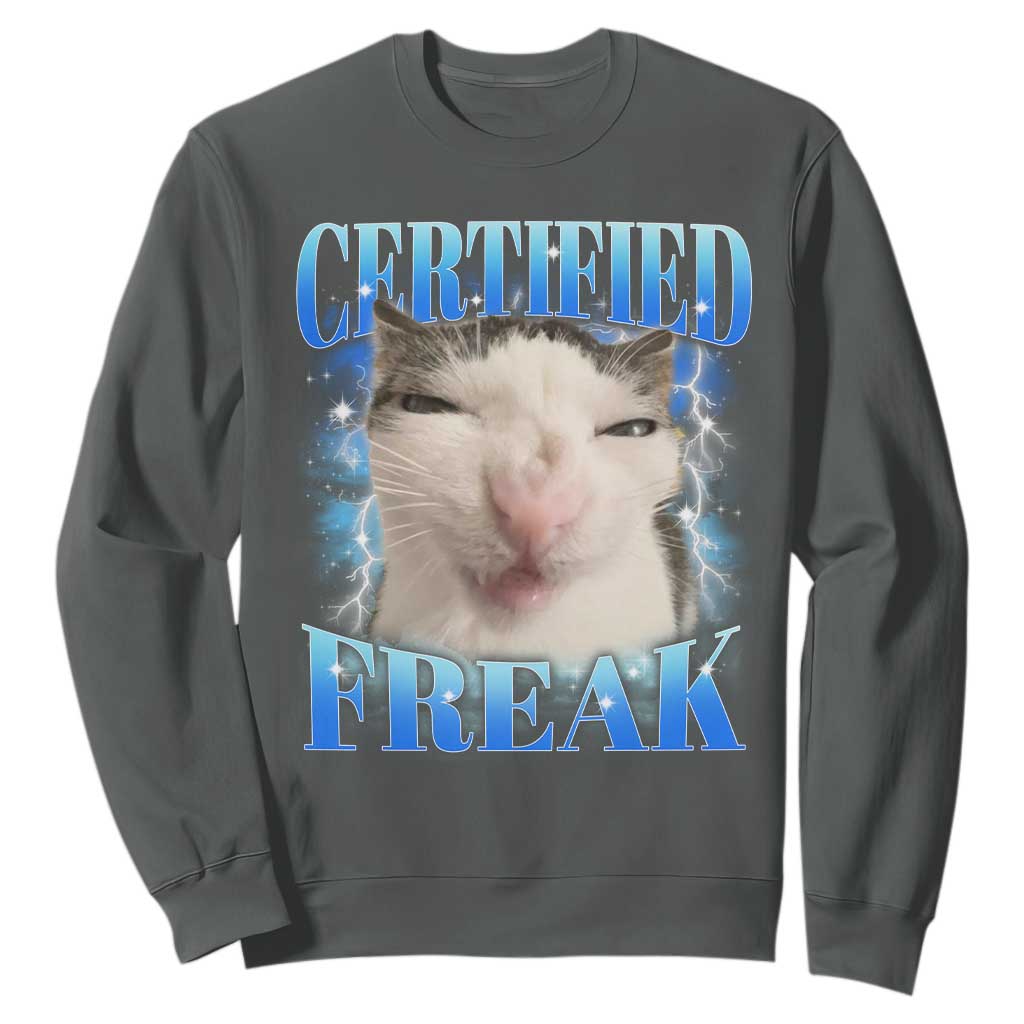 Certified Freak Funny Cat Meme Sweatshirt Internet Memes Gen Z TS10 Dark Heather Print Your Wear