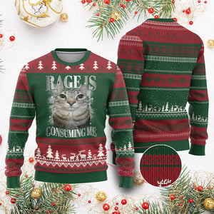Rage Is Consuming Me Ugly Christmas Sweater Funny Silly Cat Memes TS10 Red Green Print Your Wear