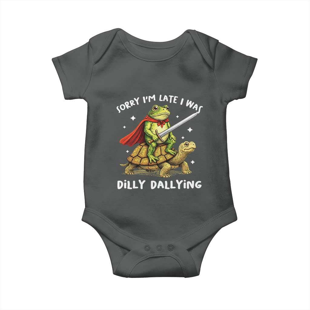 Silly Goose Baby Onesie Sorry Im Late I Was Dilly Dallying TS10 Dark Heather Print Your Wear