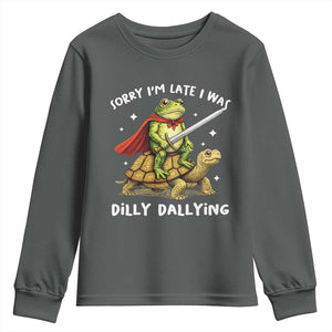 Silly Goose Youth Sweatshirt Sorry Im Late I Was Dilly Dallying TS10 Dark Heather Print Your Wear