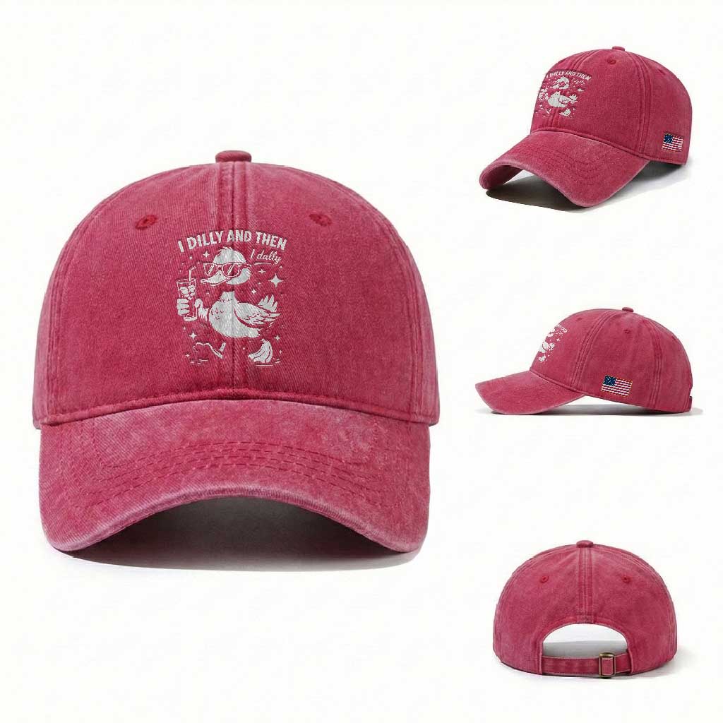 I Dilly And Then I Dally Washed Cotton Baseball Cap Retro Duck Funny Animal Meme TS10 Washed Cap Universal Fit Red Print Your Wear