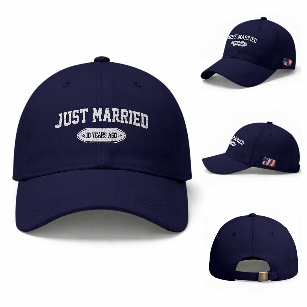 Just Married 10 Years Ago Baseball Cap 10th Wedding Anniversary Matching TS10 Baseball Cap Universal Fit Dark Blue Print Your Wear