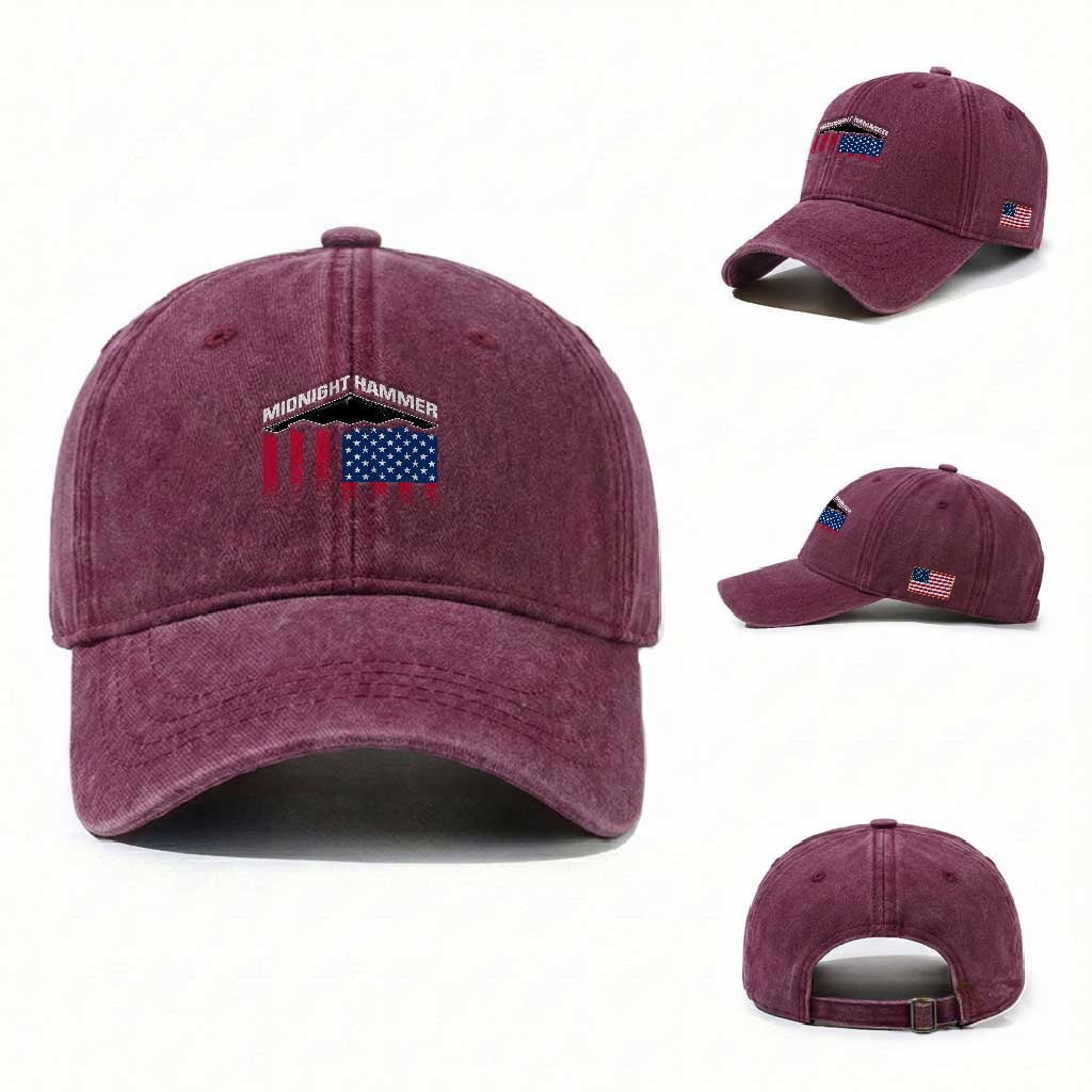Operation Midnight Hammer Washed Cotton Baseball Cap Tactical Warfare Jets Bombers Military American Flag TS10 Washed Cap Universal Fit Burgundy Print Your Wear