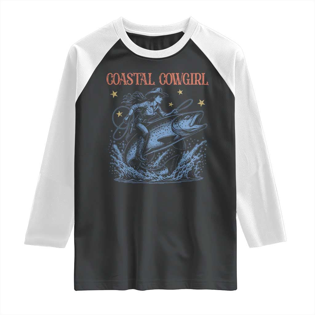 Coastal Cowgirl Raglan Shirt Funny Western Country Rodeo Cowgirl Fishing TS10 Black White Print Your Wear