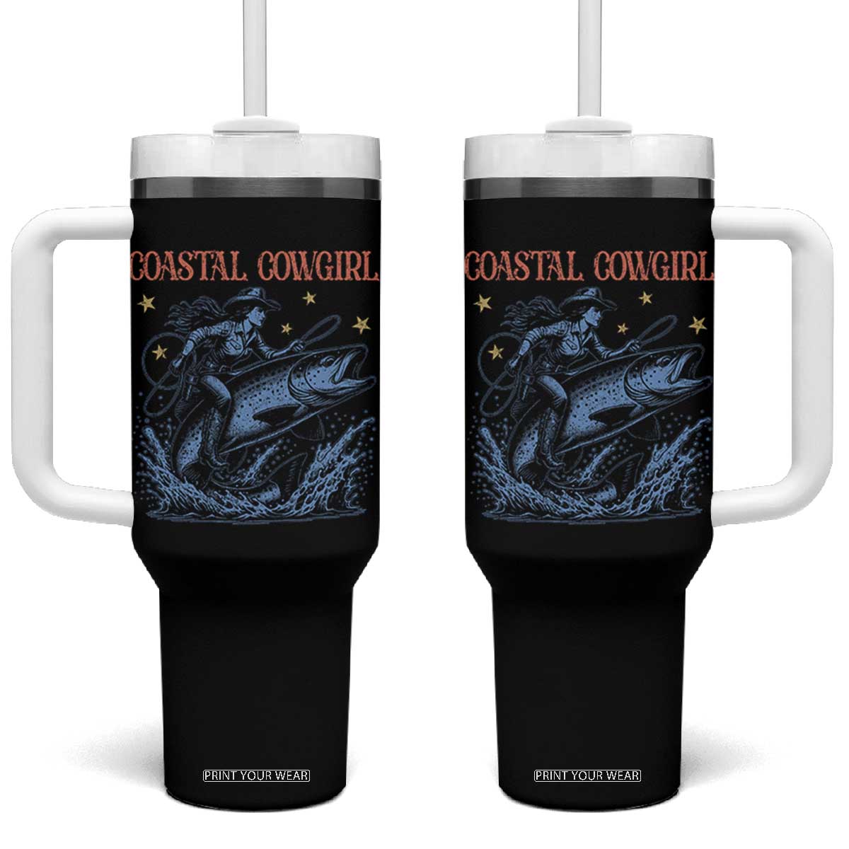 Coastal Cowgirl Tumbler With Handle Funny Western Country Rodeo Cowgirl Fishing TS10 One Size: 40 oz Black Print Your Wear