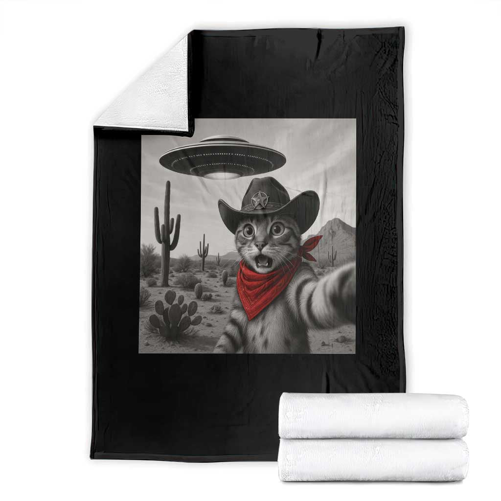 Vintage UFO Cowboy Cat Throw Blanket Retro 90s Western Rodeo Kitten Cat Selfie With Alien UFO TS10 Black Print Your Wear
