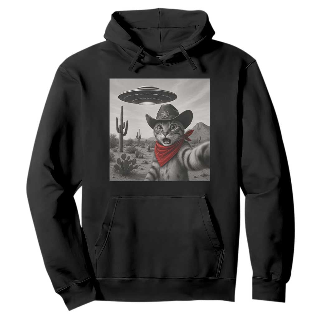 Vintage UFO Cowboy Cat Hoodie Retro 90s Western Rodeo Kitten Cat Selfie With Alien UFO TS10 Black Print Your Wear