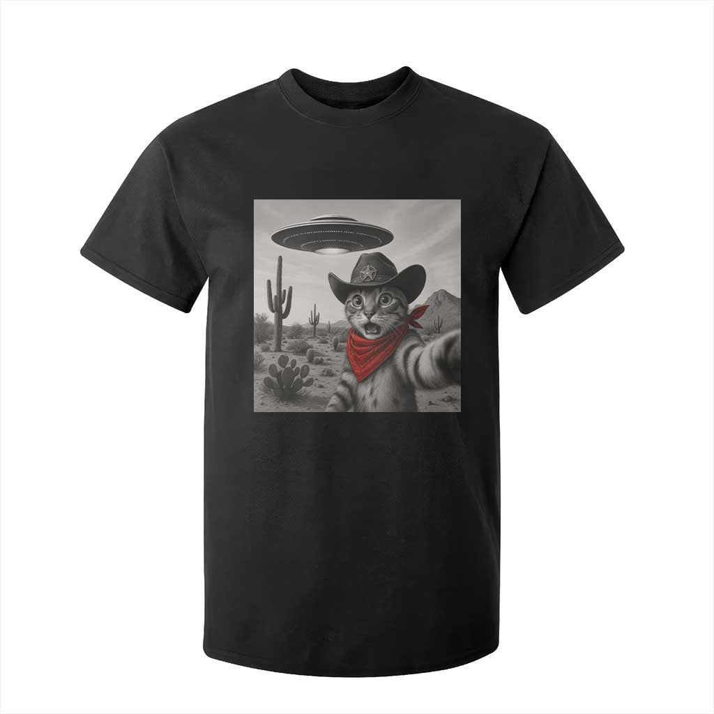 Vintage UFO Cowboy Cat T Shirt For Kid Retro 90s Western Rodeo Kitten Cat Selfie With Alien UFO TS10 Black Print Your Wear