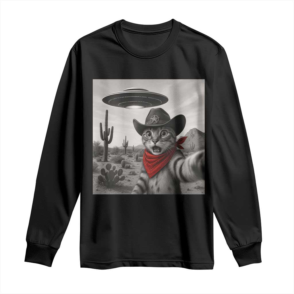 Vintage UFO Cowboy Cat Long Sleeve Shirt Retro 90s Western Rodeo Kitten Cat Selfie With Alien UFO TS10 Black Print Your Wear