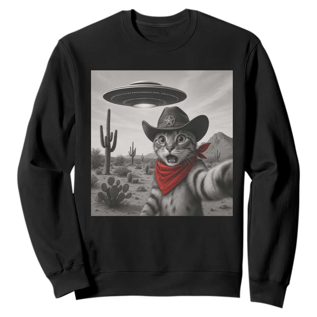Vintage UFO Cowboy Cat Sweatshirt Retro 90s Western Rodeo Kitten Cat Selfie With Alien UFO TS10 Black Print Your Wear