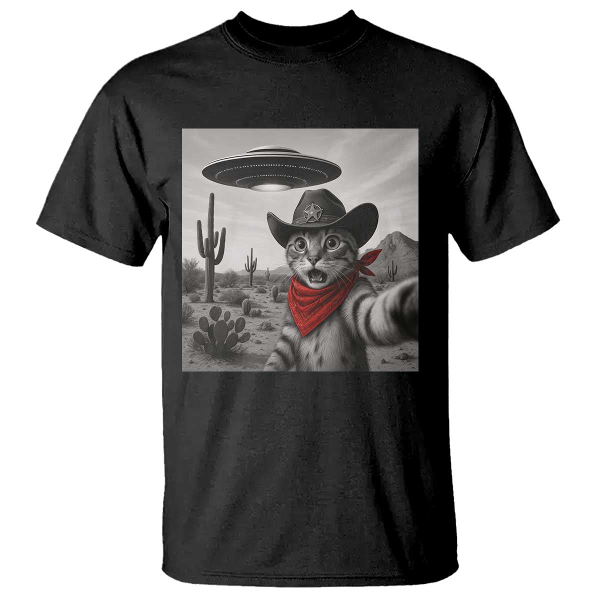 Vintage UFO Cowboy Cat T Shirt Retro 90s Western Rodeo Kitten Cat Selfie With Alien UFO TS10 Black Print Your Wear
