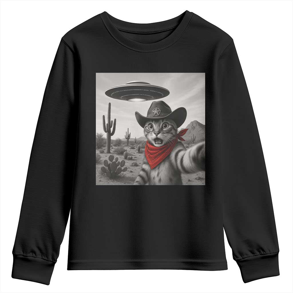Vintage UFO Cowboy Cat Youth Sweatshirt Retro 90s Western Rodeo Kitten Cat Selfie With Alien UFO TS10 Black Print Your Wear