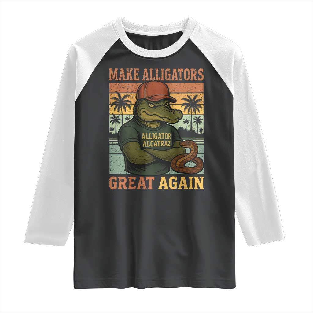Retro Alligator Alcatraz Raglan Shirt Funny Florida Everglades Dark Humor TS10 Black White Print Your Wear