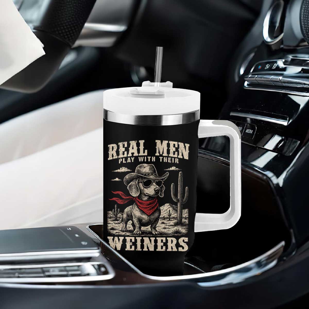 Funny Dachshund Cowboy Tumbler With Handle Real Men Play With Their Weiners TS10 Print Your Wear